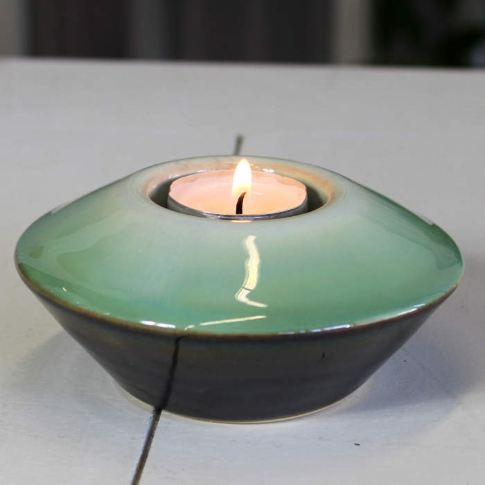 Svícen na čajovku  keramika šedo-zelený 12cm Goldbach