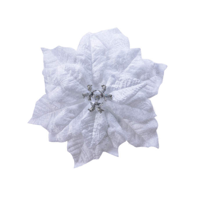 Poinsettia umělý sametový květ na klipu bílý 26cm Kaemingk