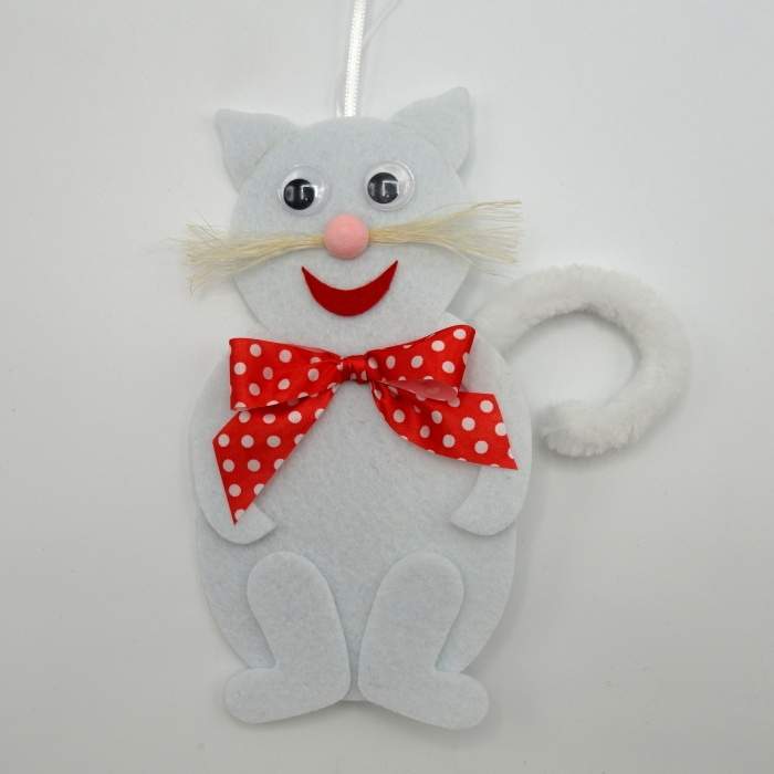 Ozdoba kočka dekor mašle plsť/plast/mašle bílá 20cm BD - TOVA