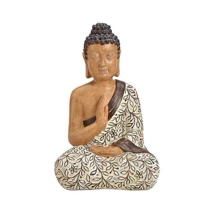 Buddha sedící s listy polyresinový béžovo-hnědý 37cm Wurm G.