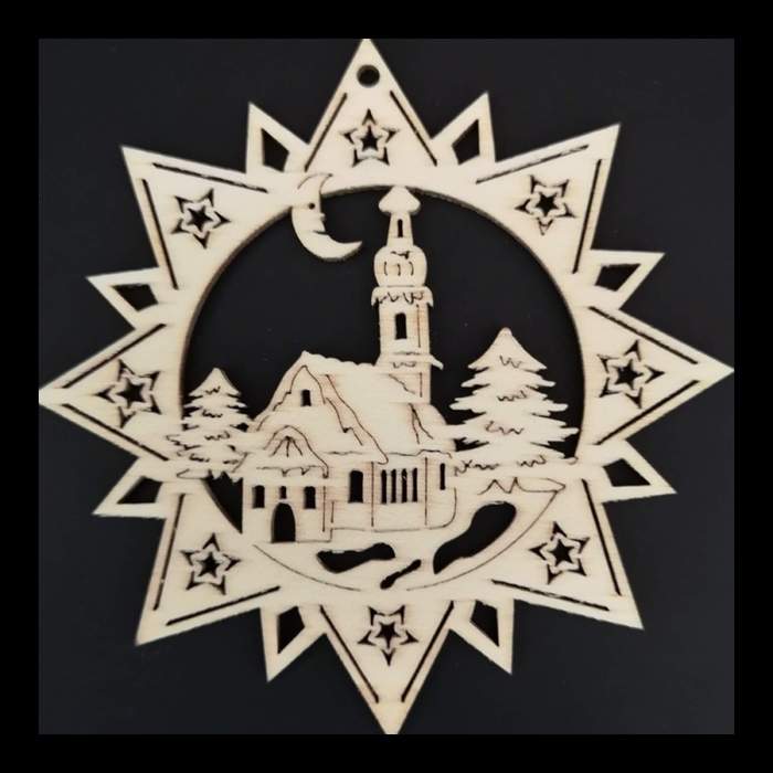 Ozdoba dřevěná hvězda s kostelem přírodní 9cm Amadea