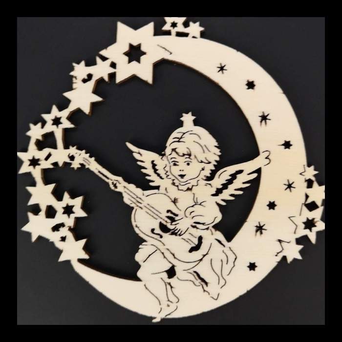 Ozdoba dřevěný anděl s kytarou sedící na měsíci přírodní 9cm Amadea