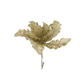 Poinsettia květ na klipu umělá s glitry zlatá 20cm Hogewoning